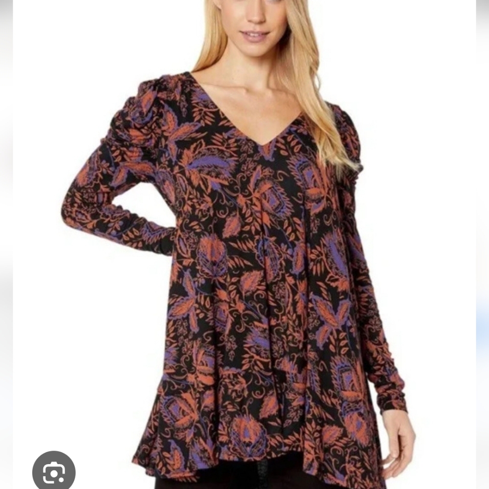 FREE PEOPLE BOHO HELLO LOVER TUNIC TOP DRESS Whimsigoth Dark Fairy Puff Sleeve
